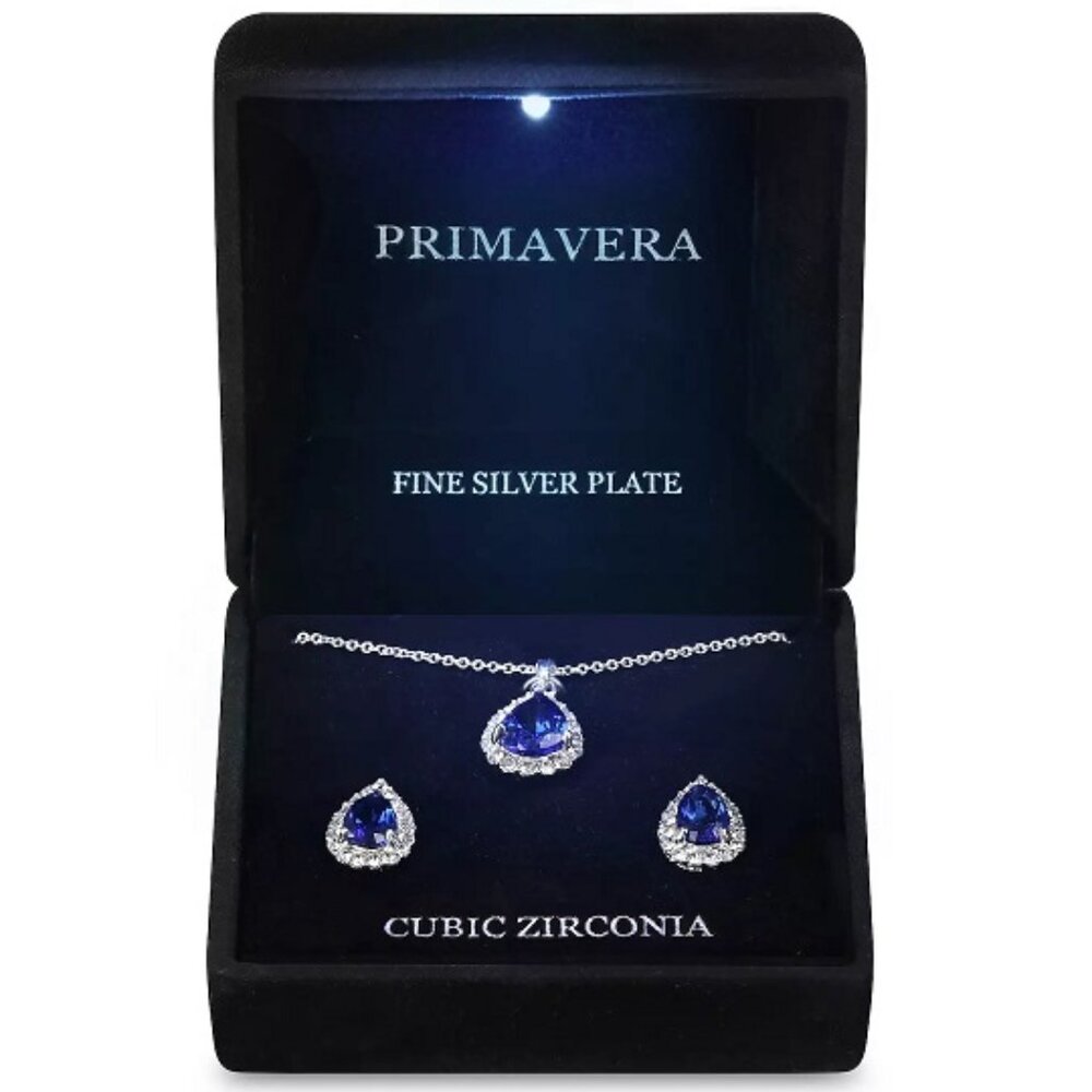 PRIMAVERA 2pc Teardrop Sapphire Blue/Clear CZ Silver Plated Necklace/Earrings - Picture 3 of 3